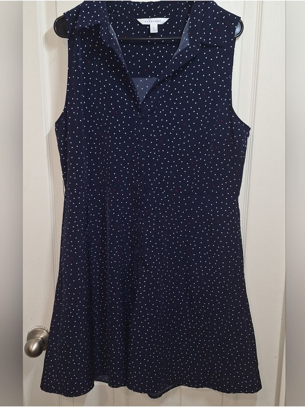 Popsugar Navy Polka Dot Sleeveless Collared Dress Large